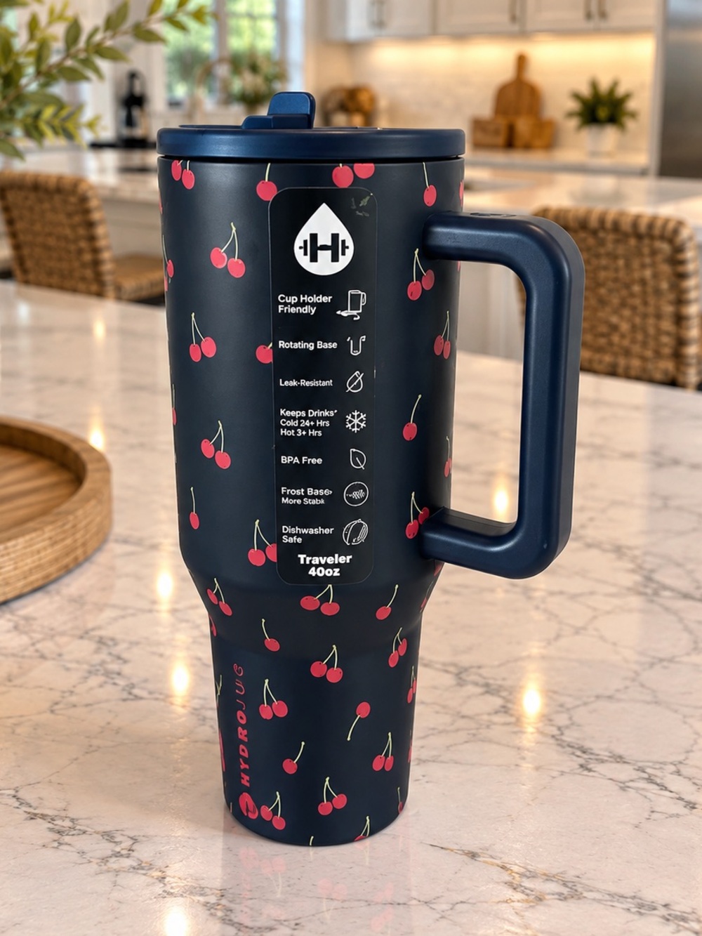HydroJug 40oz Midnight Cherries Traveler Tumbler Cup Insulated Navy